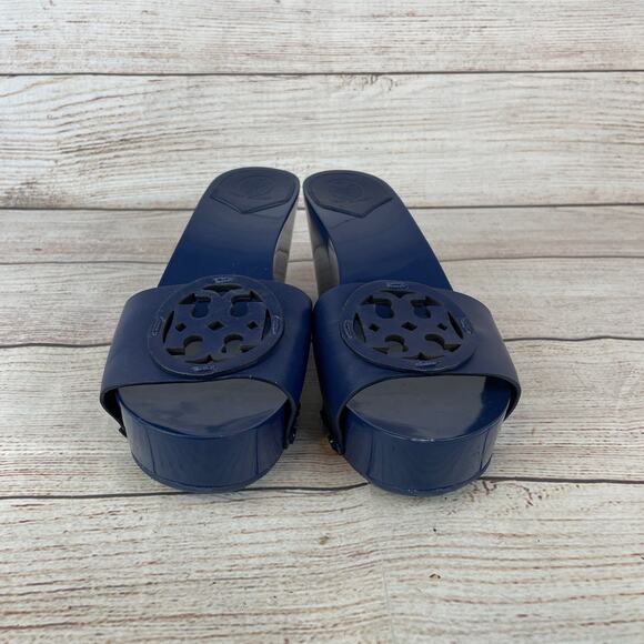 Tory Burch Miller Womens Sz 9.5M Platform Slides Wedges Navy Blue - Picture 3 of 9